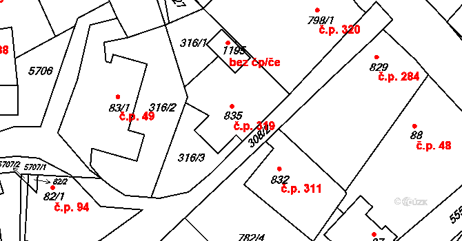 Růžďka 319 na parcele st. 835 v KÚ Růžďka, Katastrální mapa