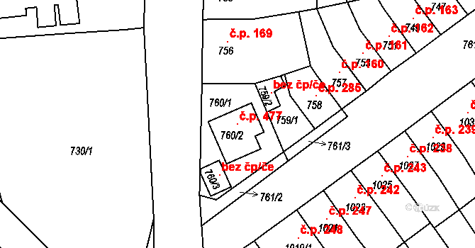 Novosedlice 477 na parcele st. 760/2 v KÚ Novosedlice, Katastrální mapa