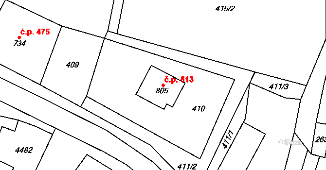 Heřmanovice 513 na parcele st. 805 v KÚ Heřmanovice, Katastrální mapa
