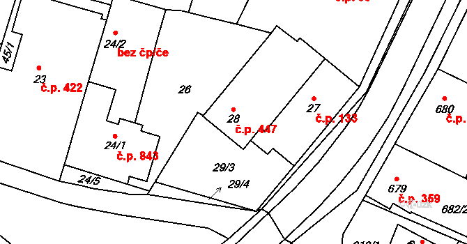 Suchdol nad Lužnicí 447 na parcele st. 28 v KÚ Suchdol nad Lužnicí, Katastrální mapa