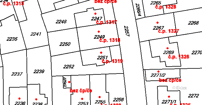 Žižkov 1319, Praha na parcele st. 2251 v KÚ Žižkov, Katastrální mapa
