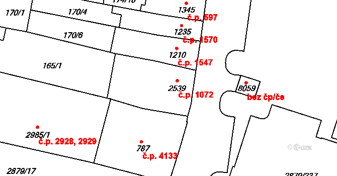 Hodonín 1072 na parcele st. 2539 v KÚ Hodonín, Katastrální mapa