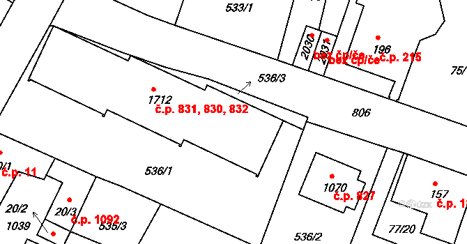 Sezimovo Ústí 830,831,832 na parcele st. 1712 v KÚ Sezimovo Ústí, Katastrální mapa