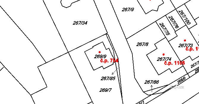 Černice 754, Plzeň na parcele st. 269/9 v KÚ Černice, Katastrální mapa