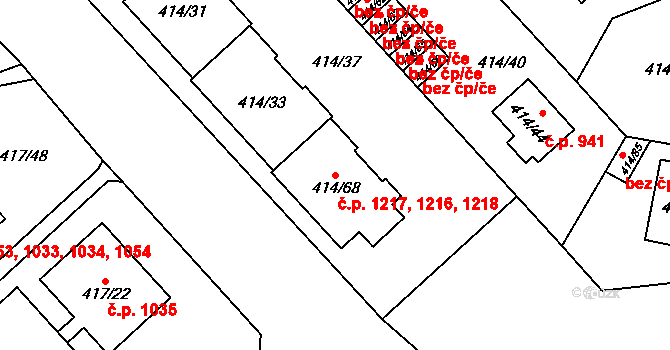 Doubravka 1216,1217,1218, Plzeň na parcele st. 414/33 v KÚ Doubravka, Katastrální mapa