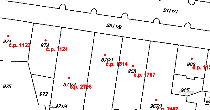 Východní Předměstí 1514, Plzeň na parcele st. 970/1 v KÚ Plzeň, Katastrální mapa