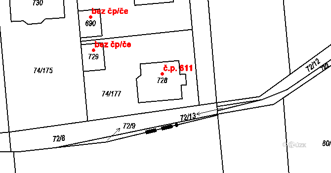 Hovorčovice 611 na parcele st. 728 v KÚ Hovorčovice, Katastrální mapa