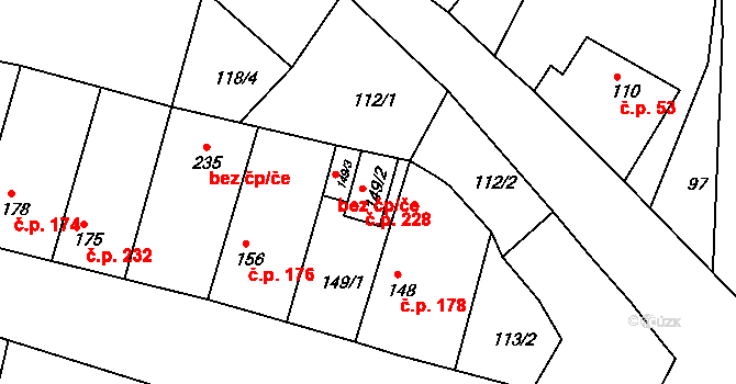 Telce 228, Peruc na parcele st. 149/2 v KÚ Telce, Katastrální mapa