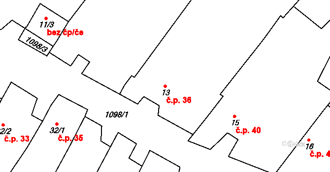 Šašovice 36, Želetava na parcele st. 13 v KÚ Šašovice, Katastrální mapa
