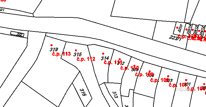 Pustiměř 111 na parcele st. 314 v KÚ Pustiměř, Katastrální mapa