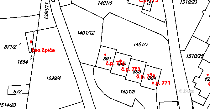 Lom 774 na parcele st. 891 v KÚ Lom u Mostu, Katastrální mapa