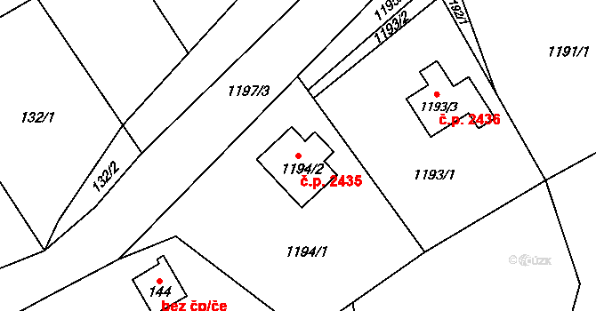 Rožnov pod Radhoštěm 2435 na parcele st. 1194/2 v KÚ Tylovice, Katastrální mapa
