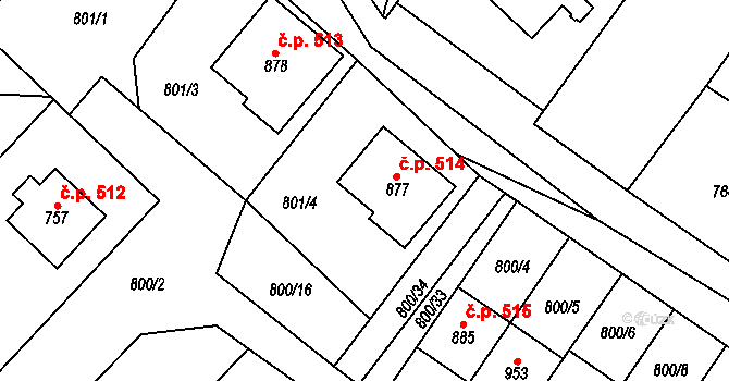 Hanušovice 514 na parcele st. 877 v KÚ Hanušovice, Katastrální mapa