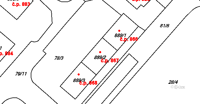 Neratovice 867 na parcele st. 889/2 v KÚ Neratovice, Katastrální mapa