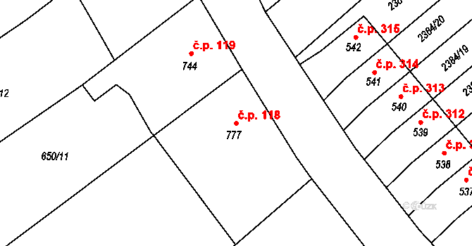Olivětín 118, Broumov na parcele st. 777 v KÚ Broumov, Katastrální mapa