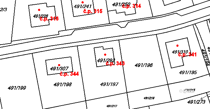 Kanice 343 na parcele st. 491/292 v KÚ Kanice, Katastrální mapa