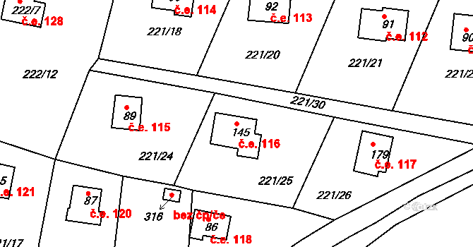 Lipno 116, Líšťany na parcele st. 145 v KÚ Těchoděly, Katastrální mapa