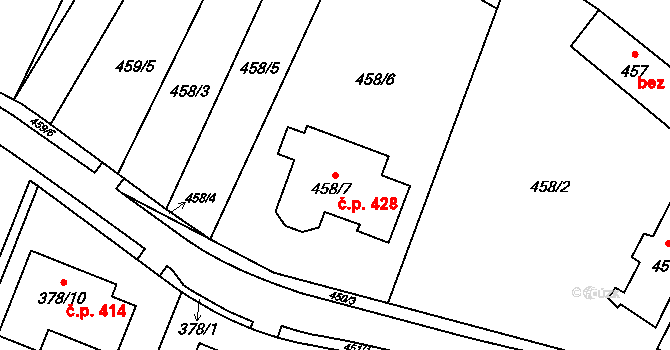 Březno 428 na parcele st. 458/7 v KÚ Březno u Chomutova, Katastrální mapa