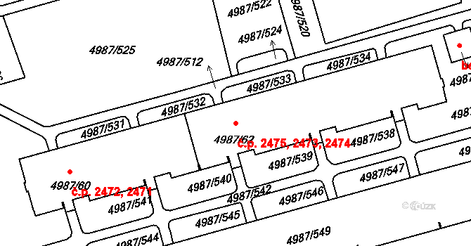 Louny 2473,2474,2475 na parcele st. 4987/62 v KÚ Louny, Katastrální mapa