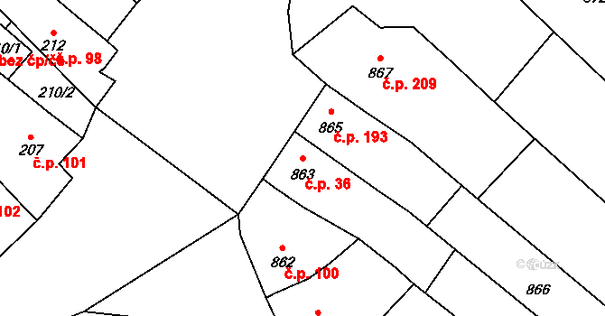 Týnec 36 na parcele st. 863 v KÚ Týnec na Moravě, Katastrální mapa