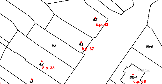 Derflice 37, Znojmo na parcele st. 53 v KÚ Derflice, Katastrální mapa