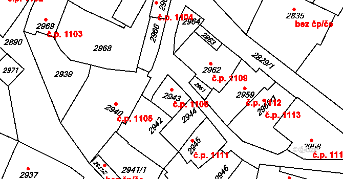 Rakšice 1108, Moravský Krumlov na parcele st. 2943 v KÚ Moravský Krumlov, Katastrální mapa