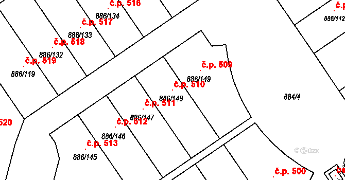 Holubice 510 na parcele st. 886/148 v KÚ Holubice, Katastrální mapa