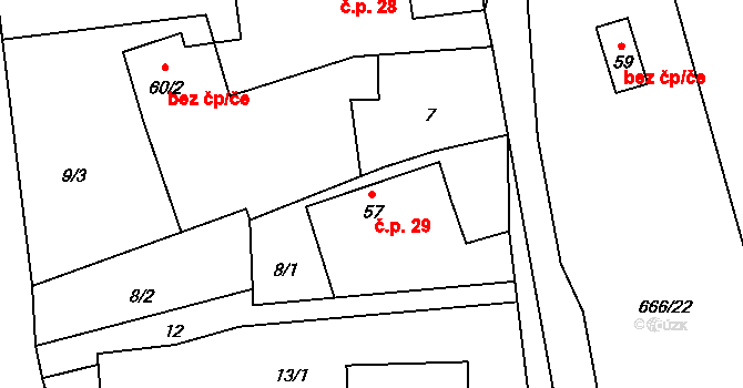 Obora 29, Doksy na parcele st. 57 v KÚ Obora v Podbezdězí, Katastrální mapa