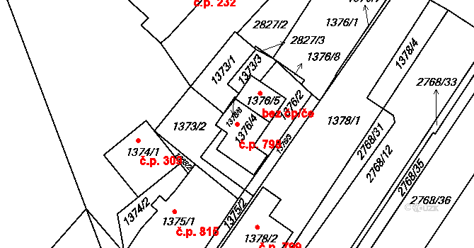 Lužice 798 na parcele st. 1376/4 v KÚ Lužice u Hodonína, Katastrální mapa