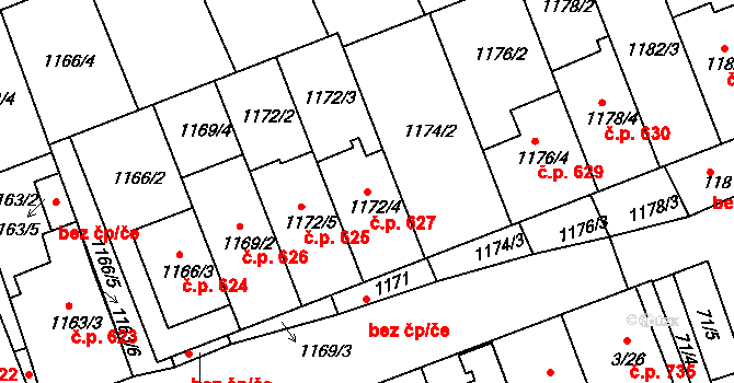 Prušánky 627 na parcele st. 1172/4 v KÚ Prušánky, Katastrální mapa