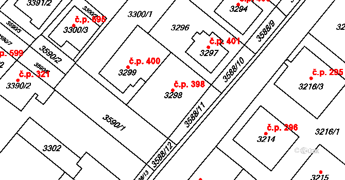 Dědice 398, Vyškov na parcele st. 3298 v KÚ Vyškov, Katastrální mapa