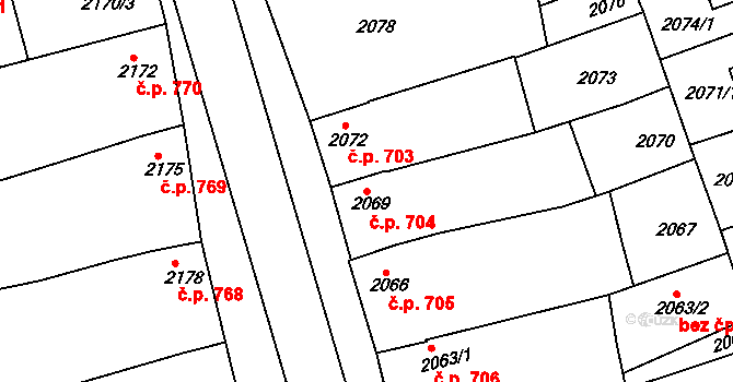 Slavíkovice 704, Rousínov na parcele st. 2069 v KÚ Rousínov u Vyškova, Katastrální mapa