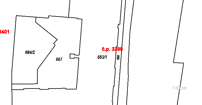 Smíchov 3398, Praha na parcele st. 683/1 v KÚ Smíchov, Katastrální mapa