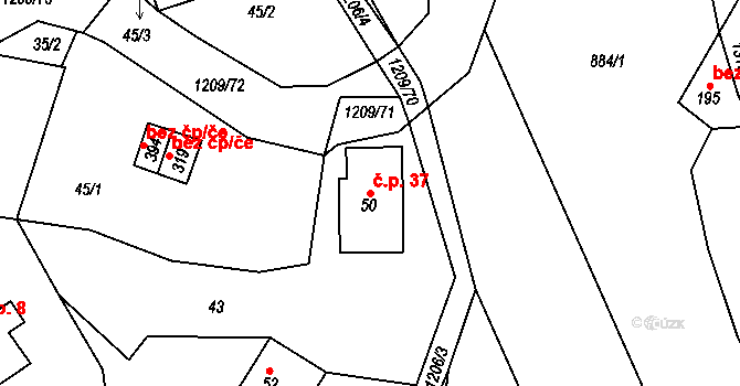 Valteřice 37, Horní Branná na parcele st. 50 v KÚ Valteřice v Krkonoších, Katastrální mapa