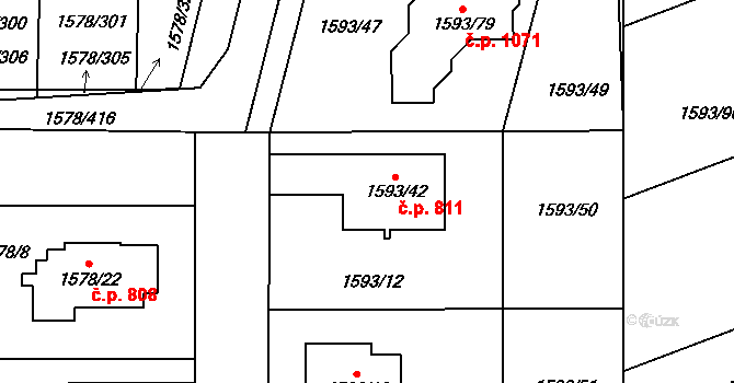 Kosmonosy 811 na parcele st. 1593/42 v KÚ Kosmonosy, Katastrální mapa