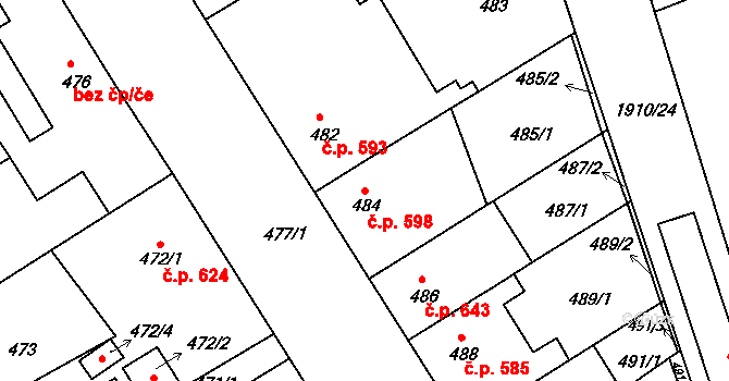 Hulín 598 na parcele st. 484 v KÚ Hulín, Katastrální mapa