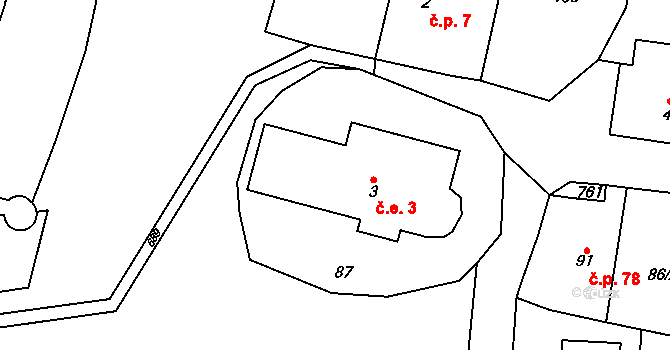 Bouzov 3 na parcele st. 3 v KÚ Bouzov, Katastrální mapa