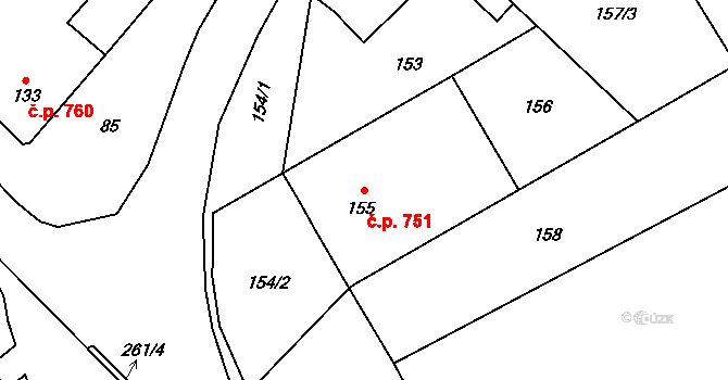 Březce 751, Štěpánov na parcele st. 155 v KÚ Březce, Katastrální mapa