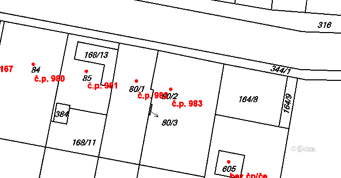 Brníčko 983, Uničov na parcele st. 80/2 v KÚ Brníčko, Katastrální mapa