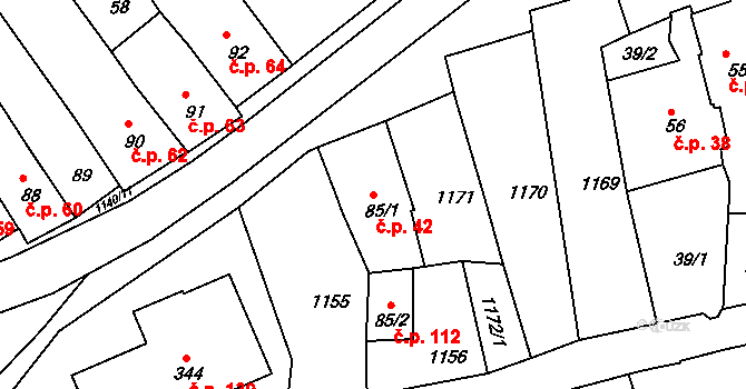 Rožmberk nad Vltavou 42 na parcele st. 85/1 v KÚ Rožmberk nad Vltavou, Katastrální mapa