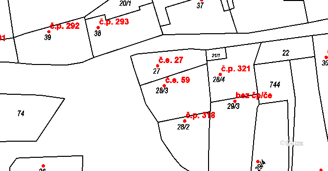Vrbice 59, Mšené-lázně na parcele st. 28/3 v KÚ Vrbice u Mšeného-lázní, Katastrální mapa