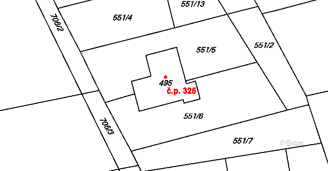 Dymokury 325 na parcele st. 495 v KÚ Dymokury, Katastrální mapa