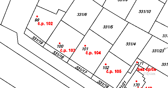 Choťánky 104 na parcele st. 101 v KÚ Choťánky, Katastrální mapa
