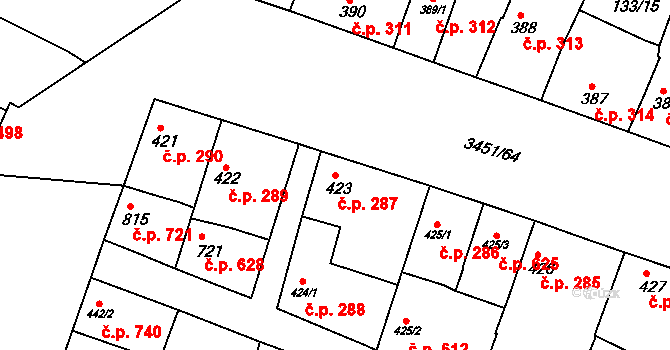 Lysá nad Labem 287 na parcele st. 423 v KÚ Lysá nad Labem, Katastrální mapa