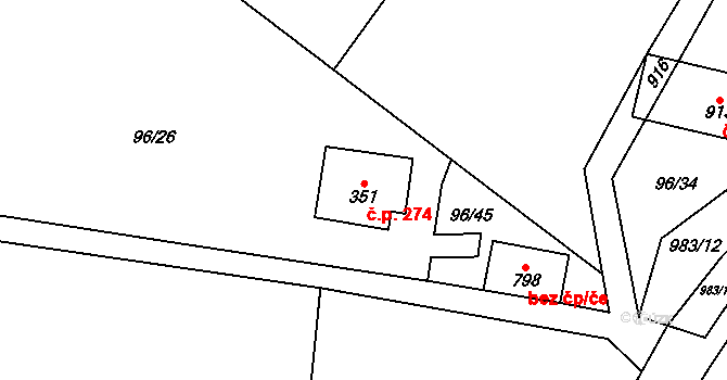 Velké Popovice 274 na parcele st. 351 v KÚ Velké Popovice, Katastrální mapa