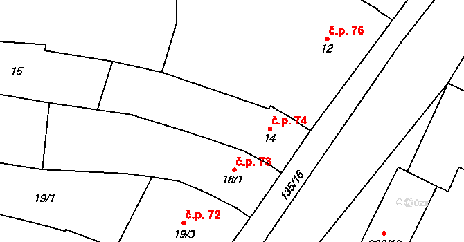 Chvalovice 74 na parcele st. 14 v KÚ Chvalovice, Katastrální mapa