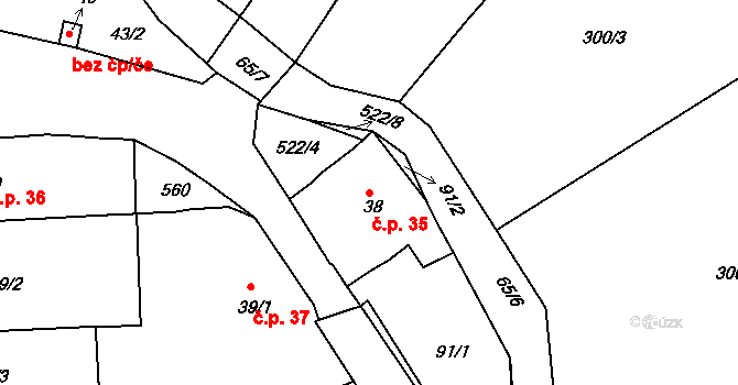 Mradice 35, Postoloprty na parcele st. 38 v KÚ Mradice, Katastrální mapa