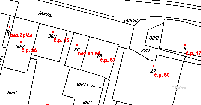 Mladošovice 67 na parcele st. 75 v KÚ Mladošovice, Katastrální mapa