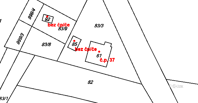 Babín 37, Těmice na parcele st. 61 v KÚ Babín, Katastrální mapa
