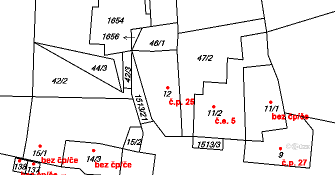 Okrouhlé Hradiště 25, Konstantinovy Lázně na parcele st. 12 v KÚ Okrouhlé Hradiště, Katastrální mapa